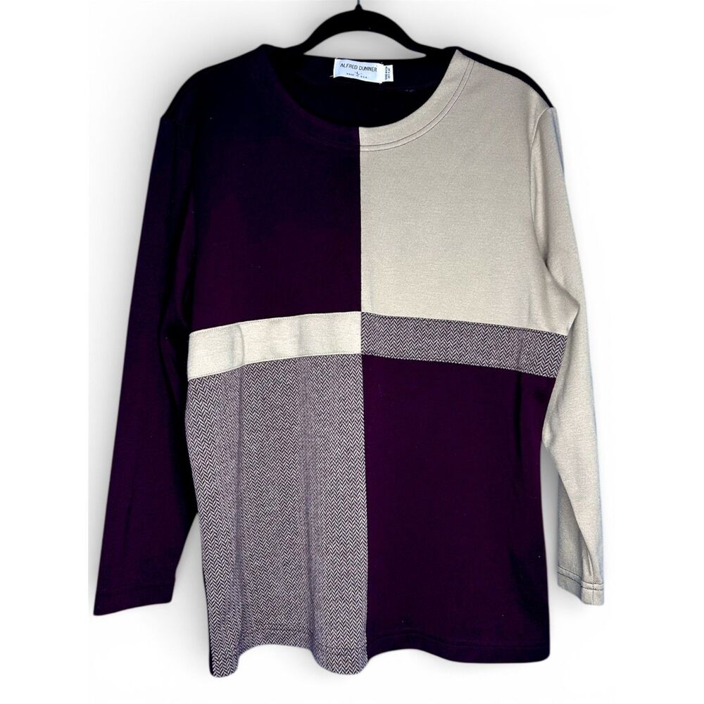 Alfred Dunner Mens Purple Colorblock Crewneck Sweater Herringbone Patchwork Sz L
